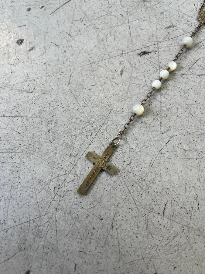 Vintage Rosary Cross Pendant White Necklace PzAbdjM 5