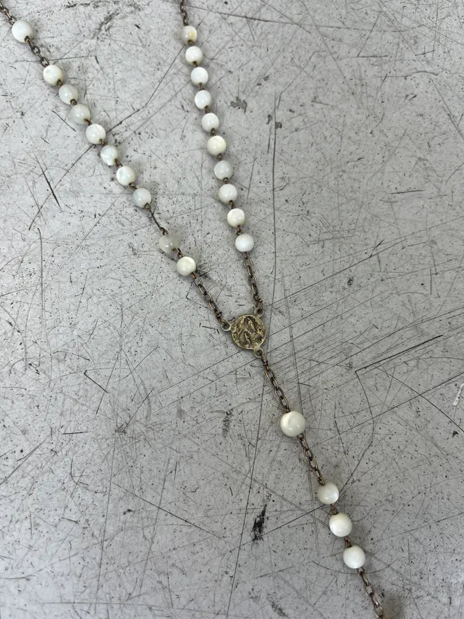 Vintage Rosary Cross Pendant White Necklace PzAbdjM 6
