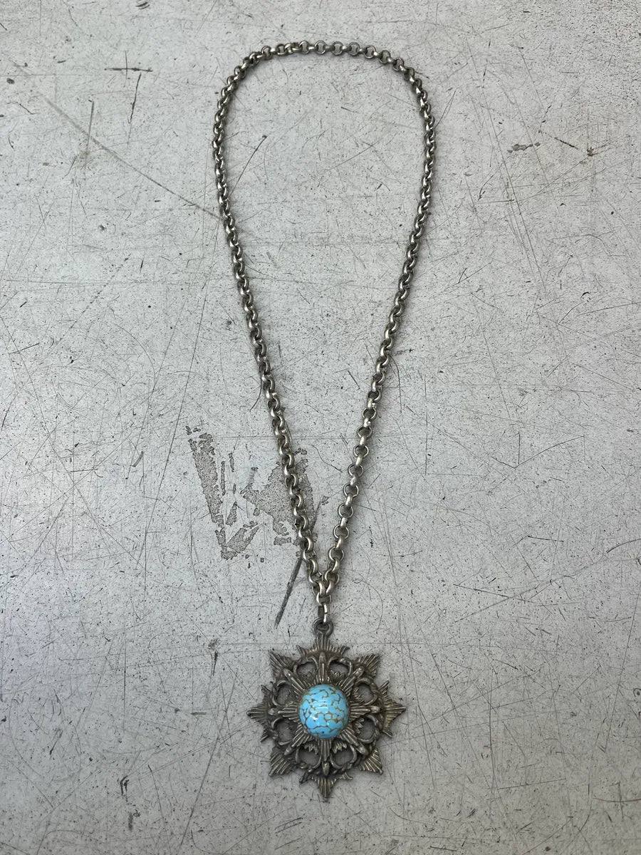 Vintage Solar Plexus Turquoise Pendant Stainless Steel Necklace rXhosYa 0