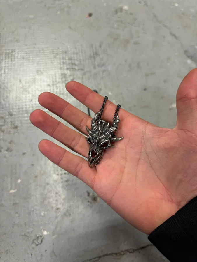 Vintage Tin Ancient Dragon Skull Pendant Necklace JHobRLZ 1