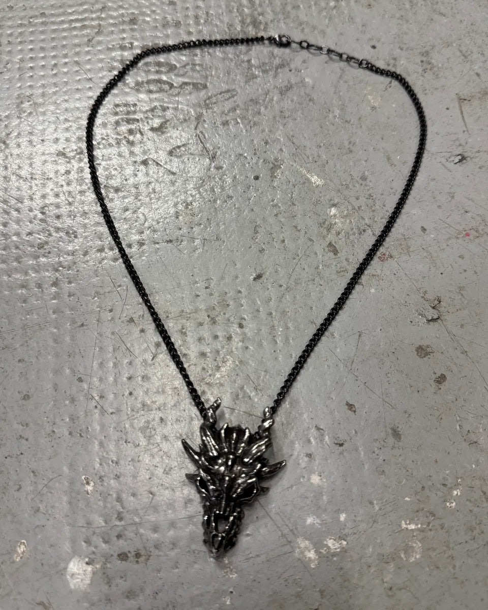 Vintage Tin Ancient Dragon Skull Pendant Necklace JHobRLZ 0
