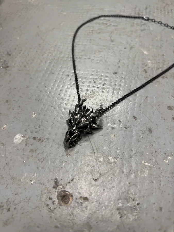 Vintage Tin Ancient Dragon Skull Pendant Necklace JHobRLZ 2