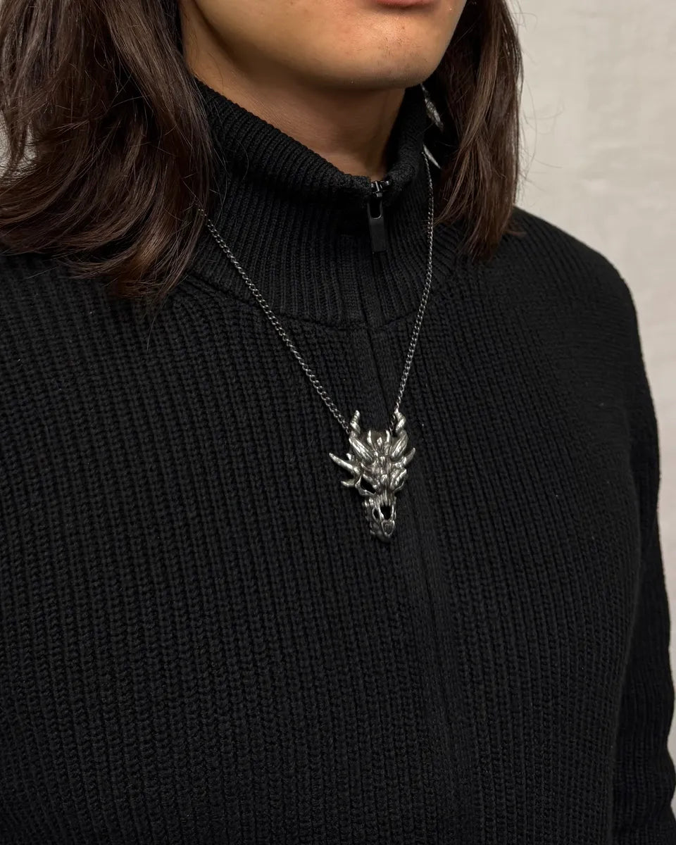Vintage Tin Ancient Dragon Skull Pendant Necklace JHobRLZ 6