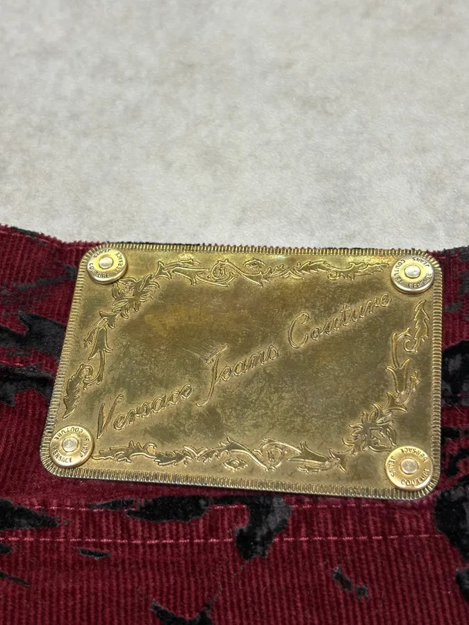 AW2003 Versace Bordeaux Corduroy Distressed Flared Pants vqqLwbA 7