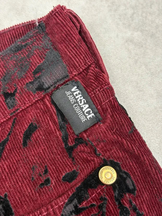 AW2003 Versace Bordeaux Corduroy Distressed Flared Pants vqqLwbA 8
