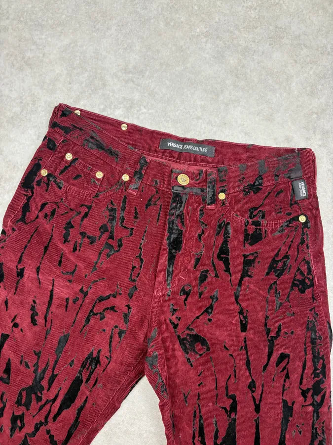 AW2003 Versace Bordeaux Corduroy Distressed Flared Pants vqqLwbA 4