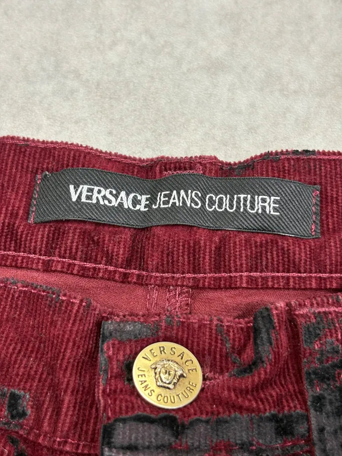 AW2003 Versace Bordeaux Corduroy Distressed Flared Pants vqqLwbA 9