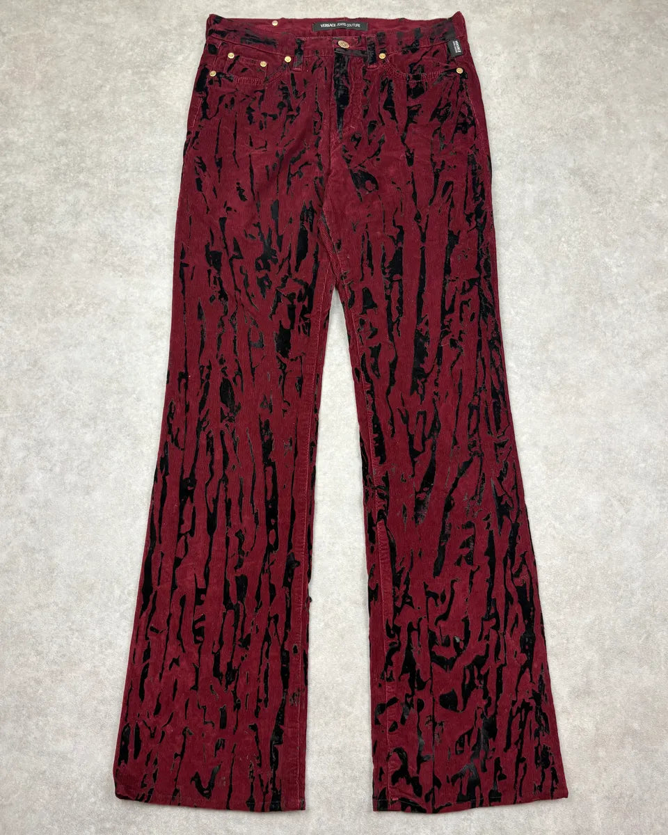 AW2003 Versace Bordeaux Corduroy Distressed Flared Pants vqqLwbA 0
