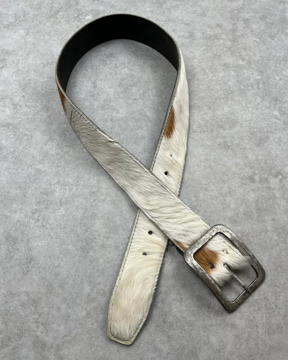 Vintage White & Brown Cowhide Fur Leather Belt TzsHBTm 0