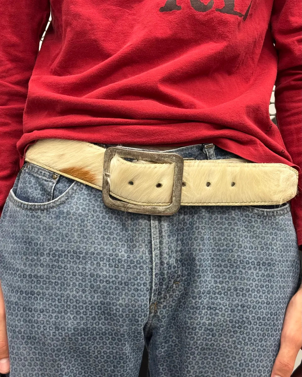 Vintage White & Brown Cowhide Fur Leather Belt TzsHBTm 1