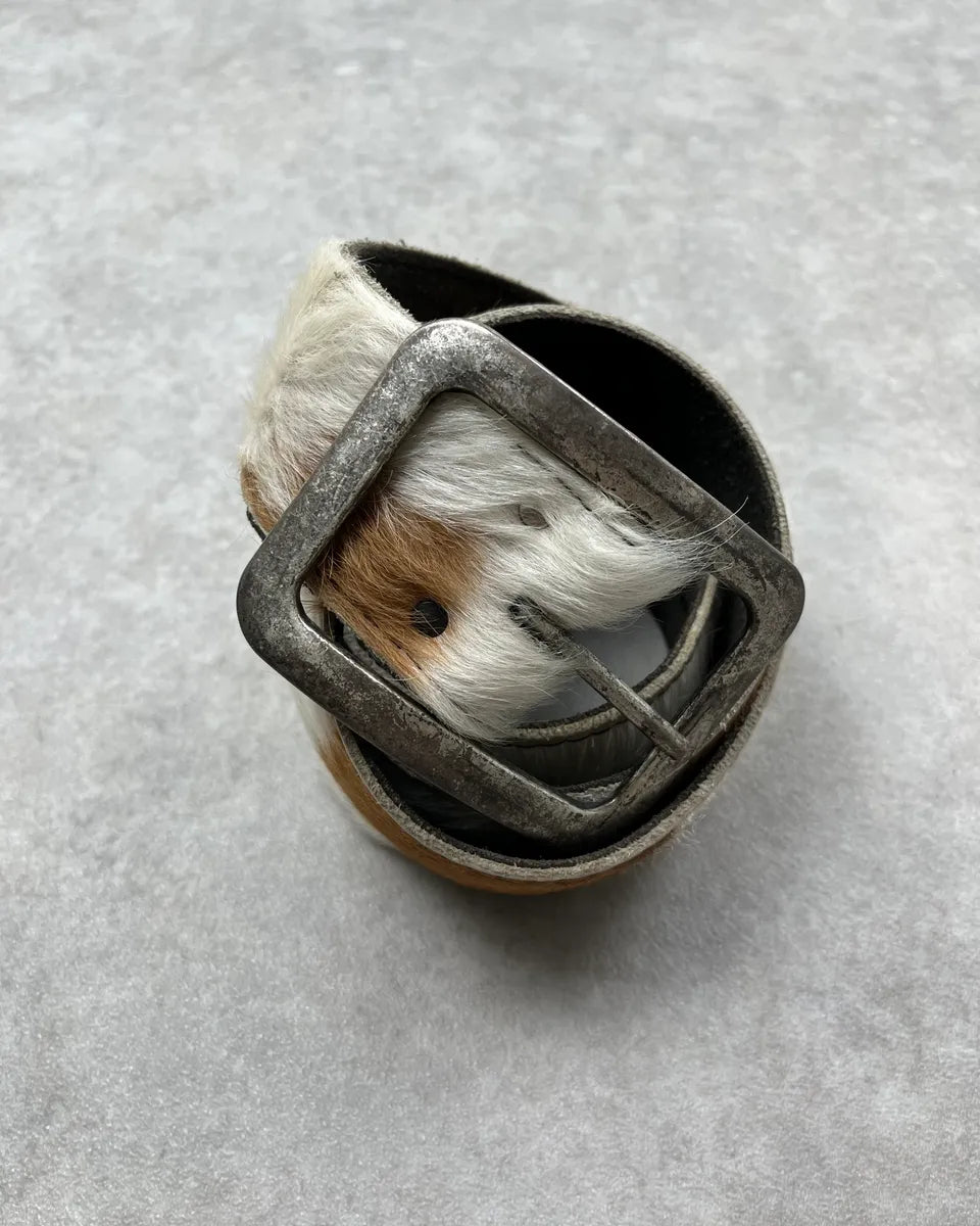 Vintage White & Brown Cowhide Fur Leather Belt TzsHBTm 2