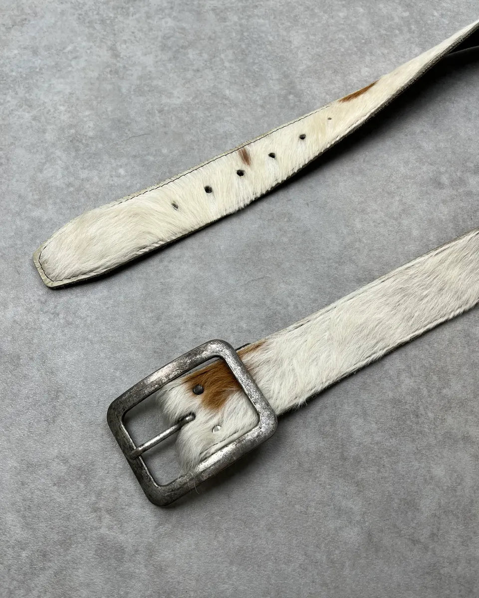 Vintage White & Brown Cowhide Fur Leather Belt TzsHBTm 3