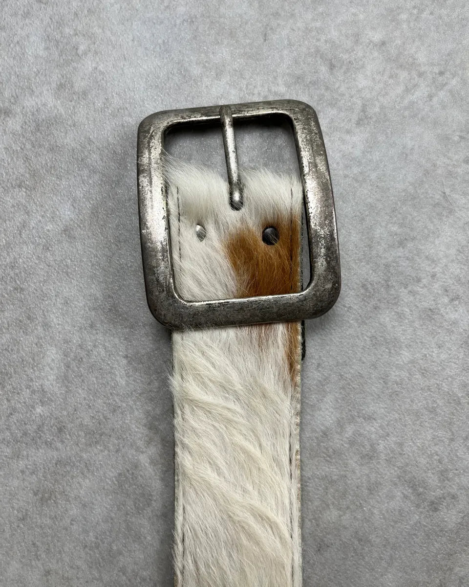 Vintage White & Brown Cowhide Fur Leather Belt TzsHBTm 4