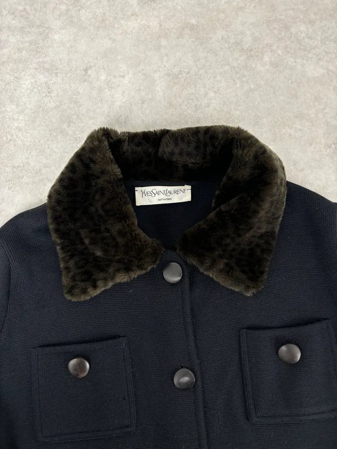 1990s Yves Saint Laurent Black Wool Fur Collar Coat xJhXzJE 3