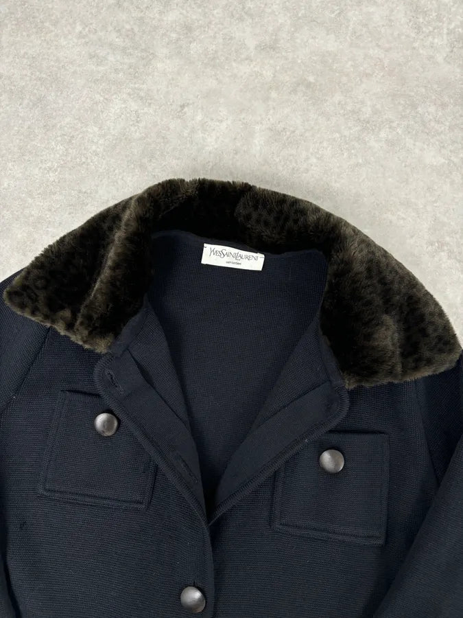 1990s Yves Saint Laurent Black Wool Fur Collar Coat xJhXzJE 7