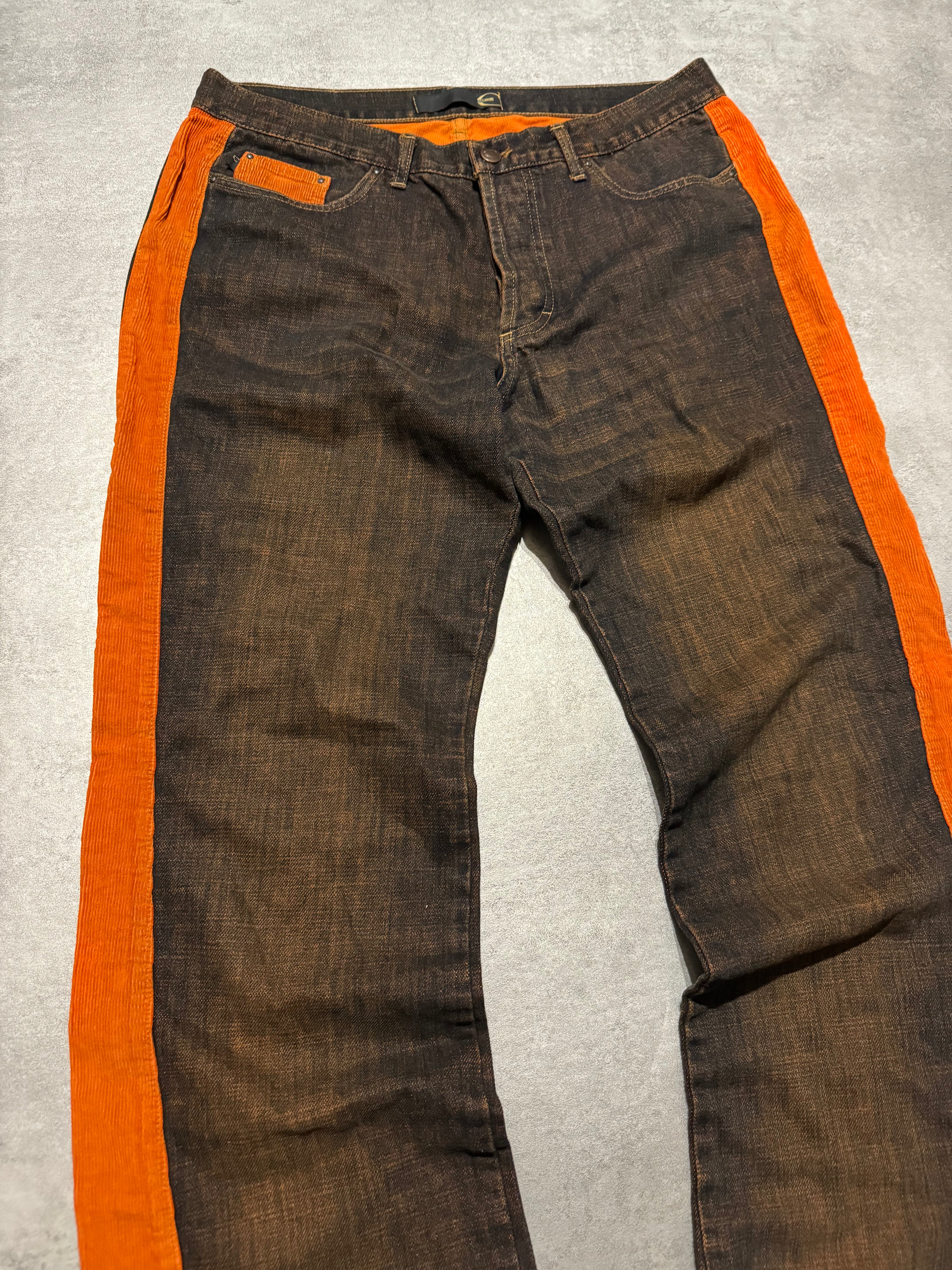 2000s Cavalli Straight Large Orange Velvet & Faded Denim Jeans (L) - 7
