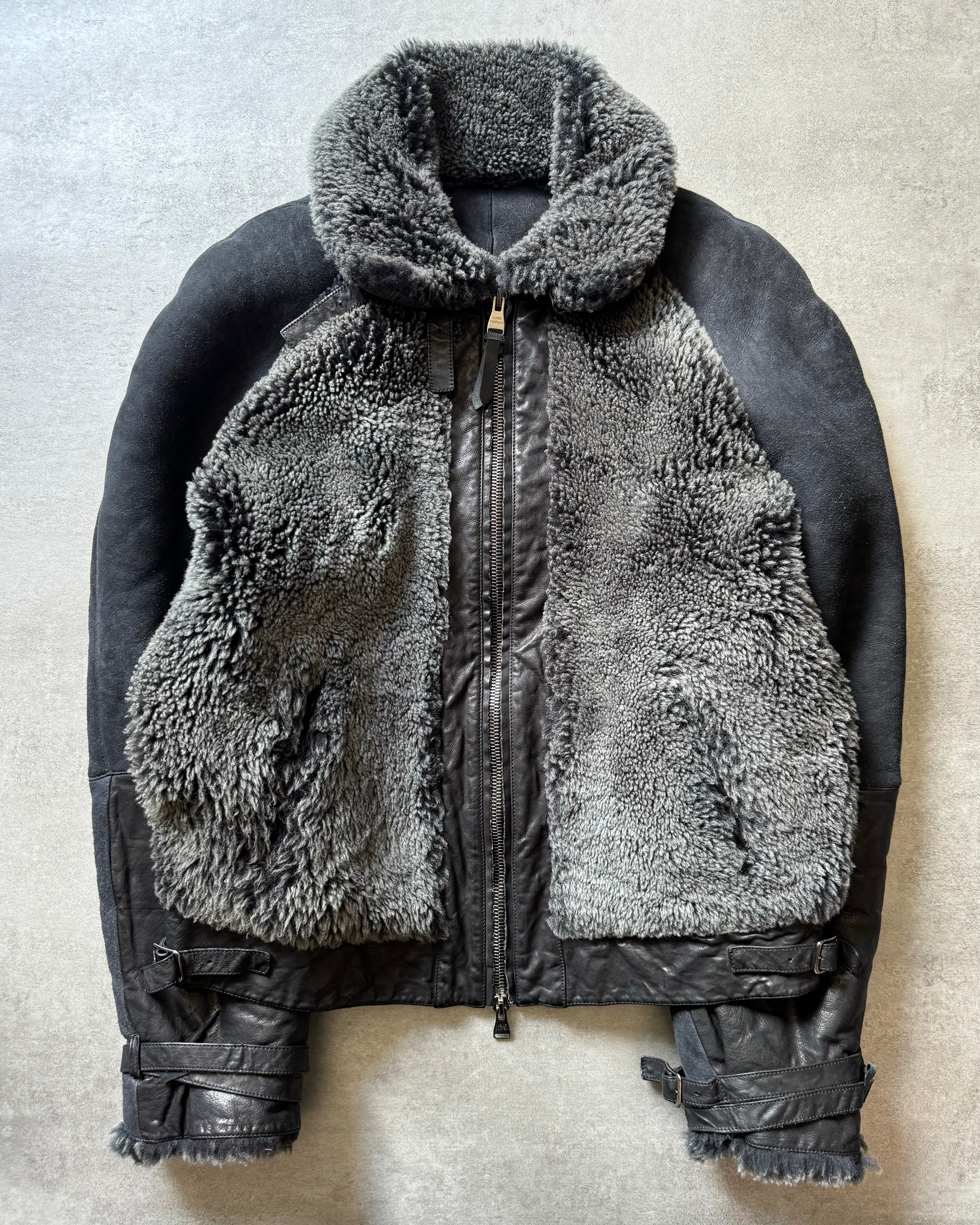 FW2018 Louis Vuitton Black Grey Shearling Leather Jacket (L) - 1