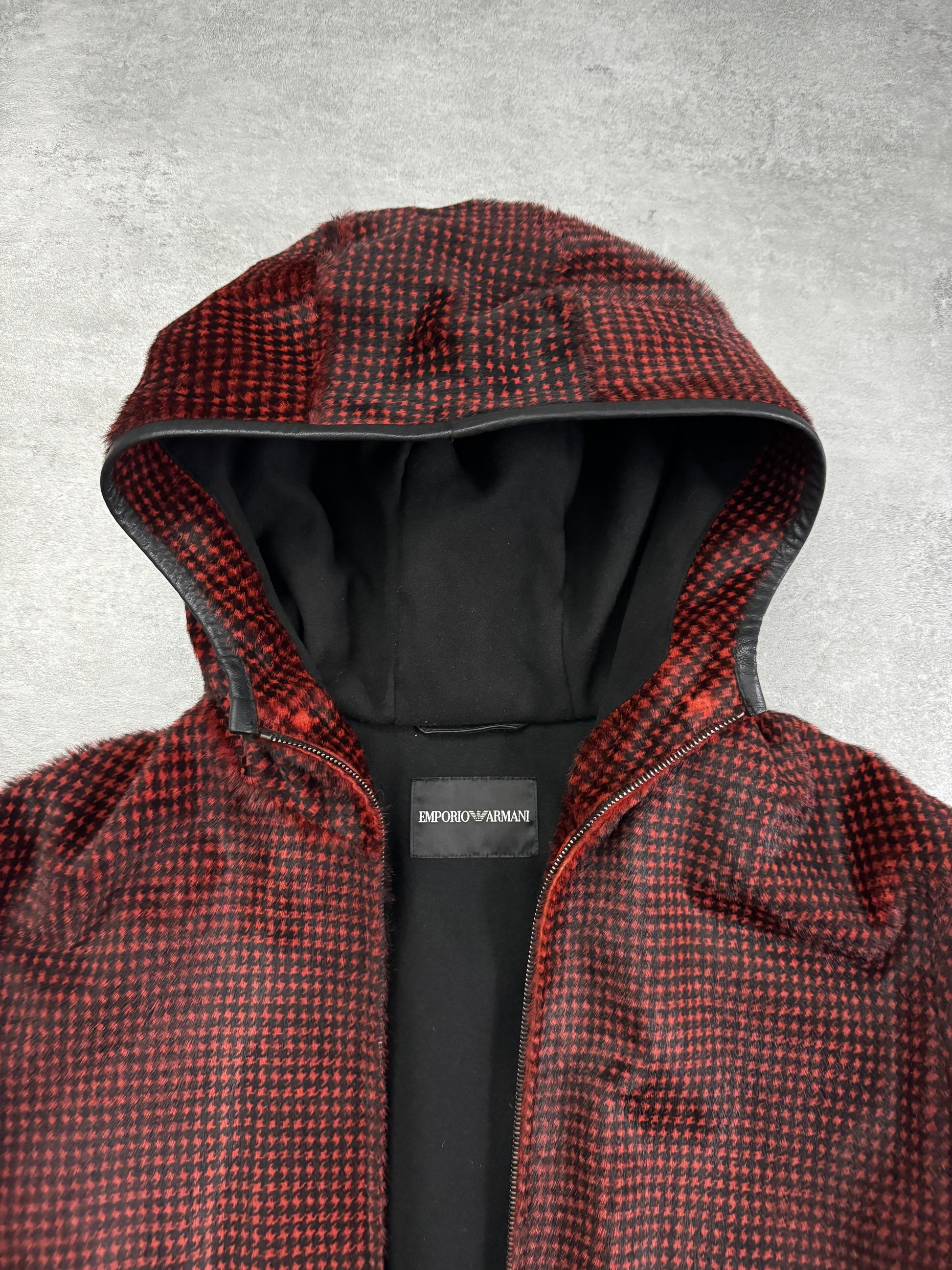 FW2013 Emporio Armani Goat Fur Black & Red Hooded Avant-Garde Jacket (M) - 12