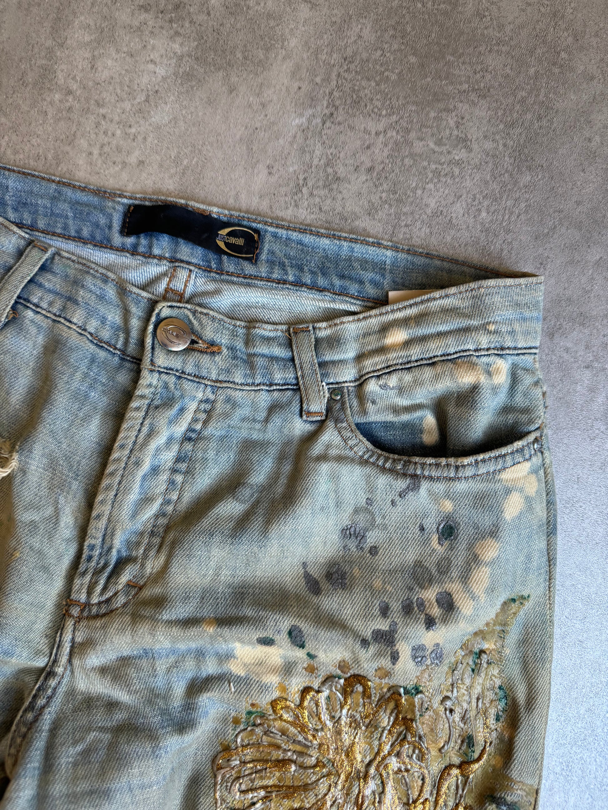 SS2006 Cavalli Painted Distressed Relaxed Royal Denim Jeans (S) - 6