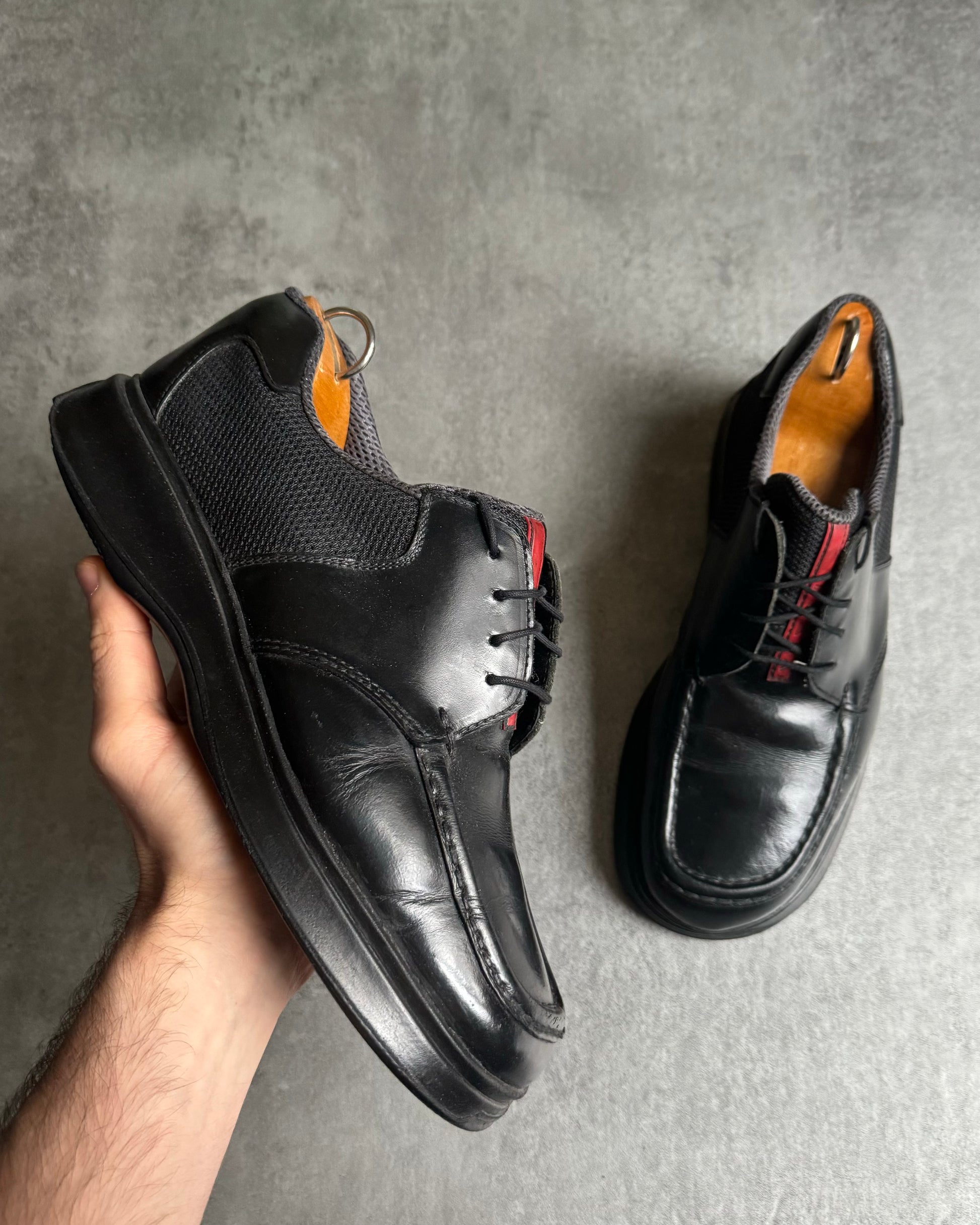 AW2000 Prada Cozy Black Mesh Leather Derby Shoes (40) - 1