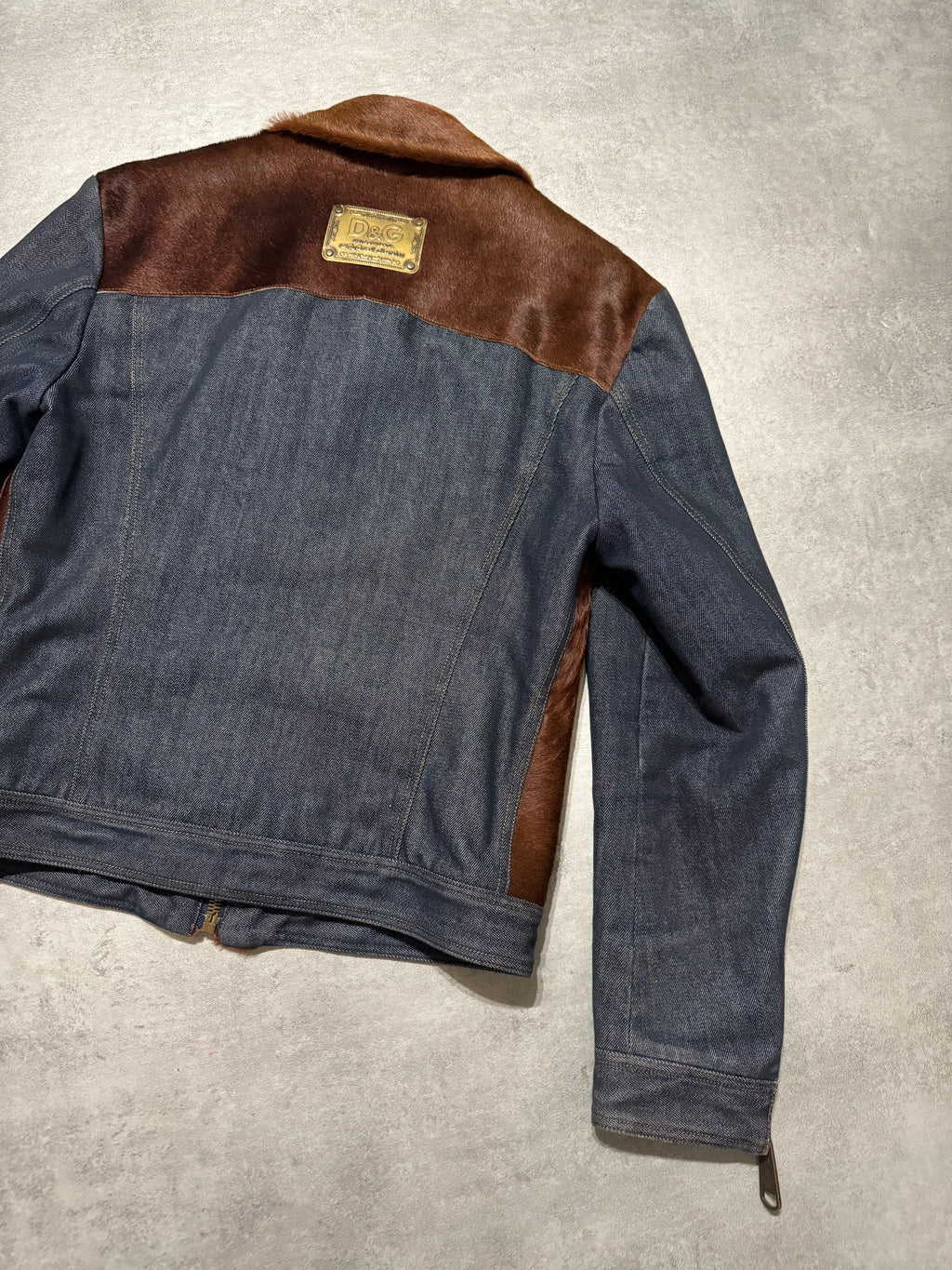 FW2005 Dolce & Gabbana Pony Hair Brown Denim Structured Biker Jacket (L) - 10