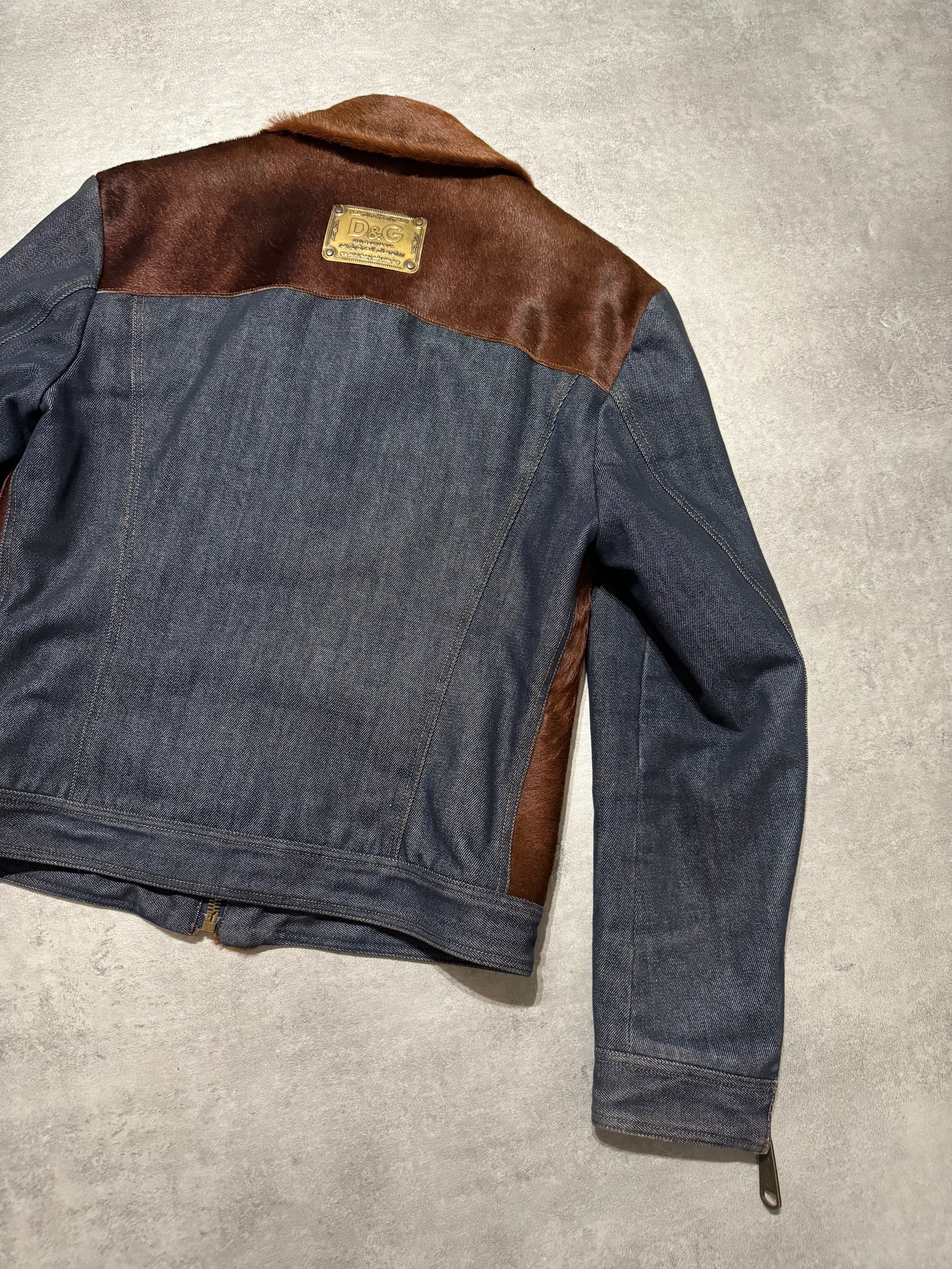 FW2005 Dolce & Gabbana Pony Hair Brown Denim Structured Biker Jacket (L) - 10