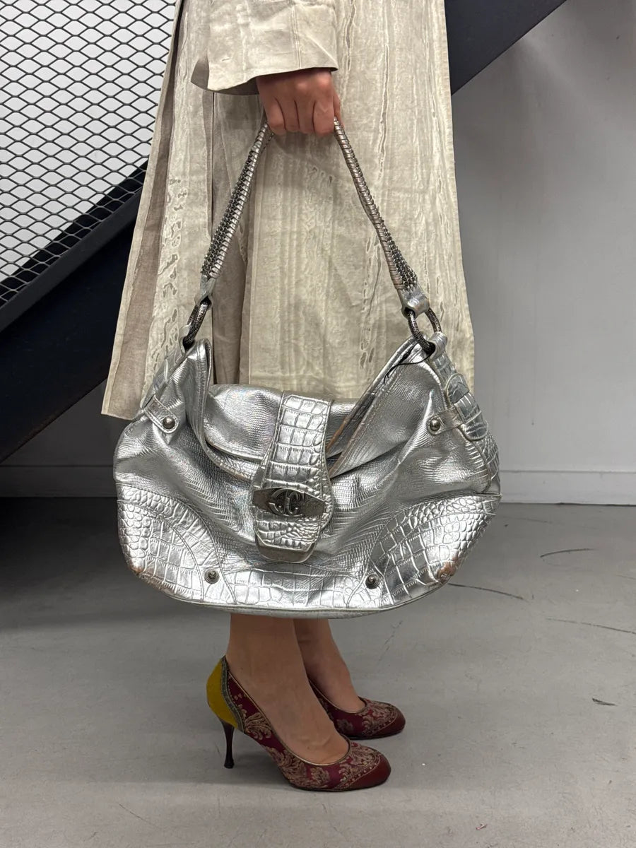 SS2008 Cavalli Silver Leather Croc-Embossed Metallic Shoulder Bag wKoVhKwk 1