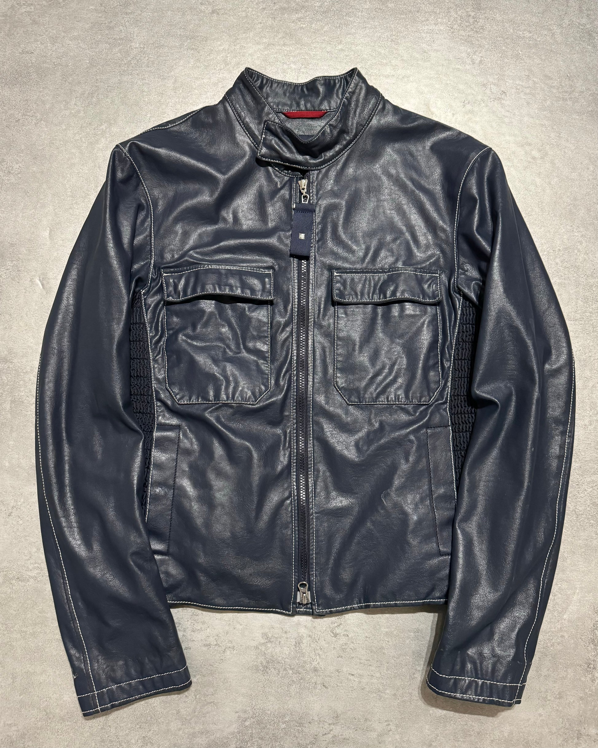 2000s Armani Navy Tactical Biker Leather Jacket (M/L) - 1