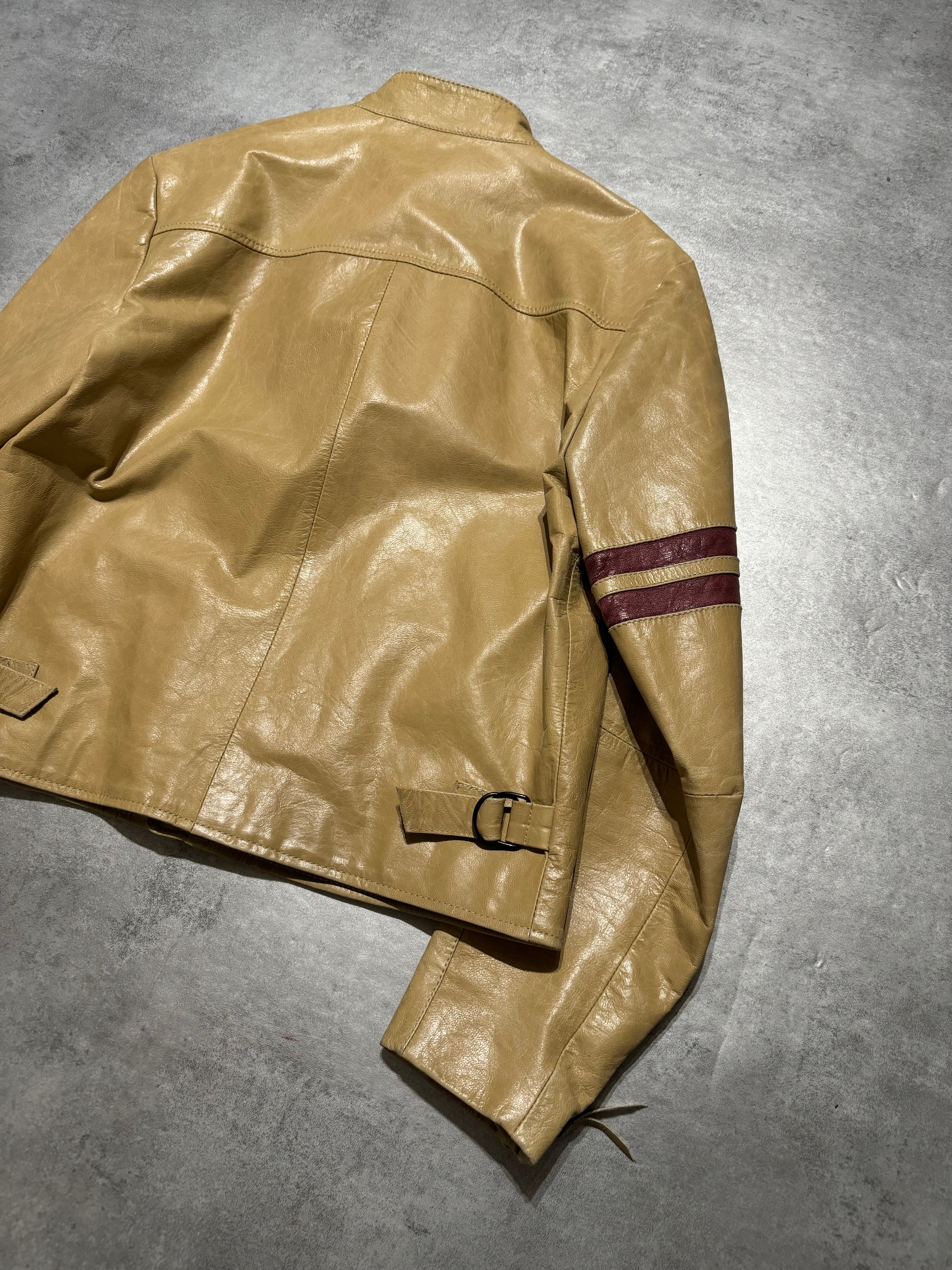 2000s Dolce & Gabbana Stripes Beige Leather Biker Racer Jacket (M) - 5