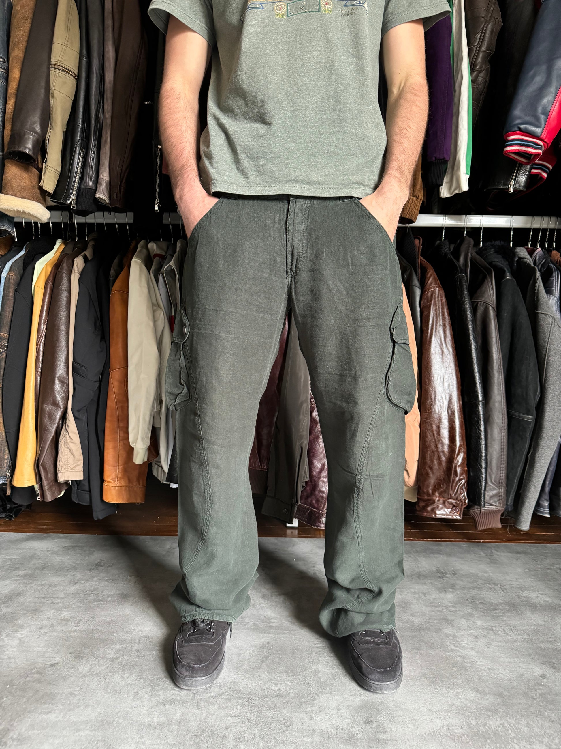 2000s Armani Olive Linen Cozy Cargo Pants  (XL) - 4