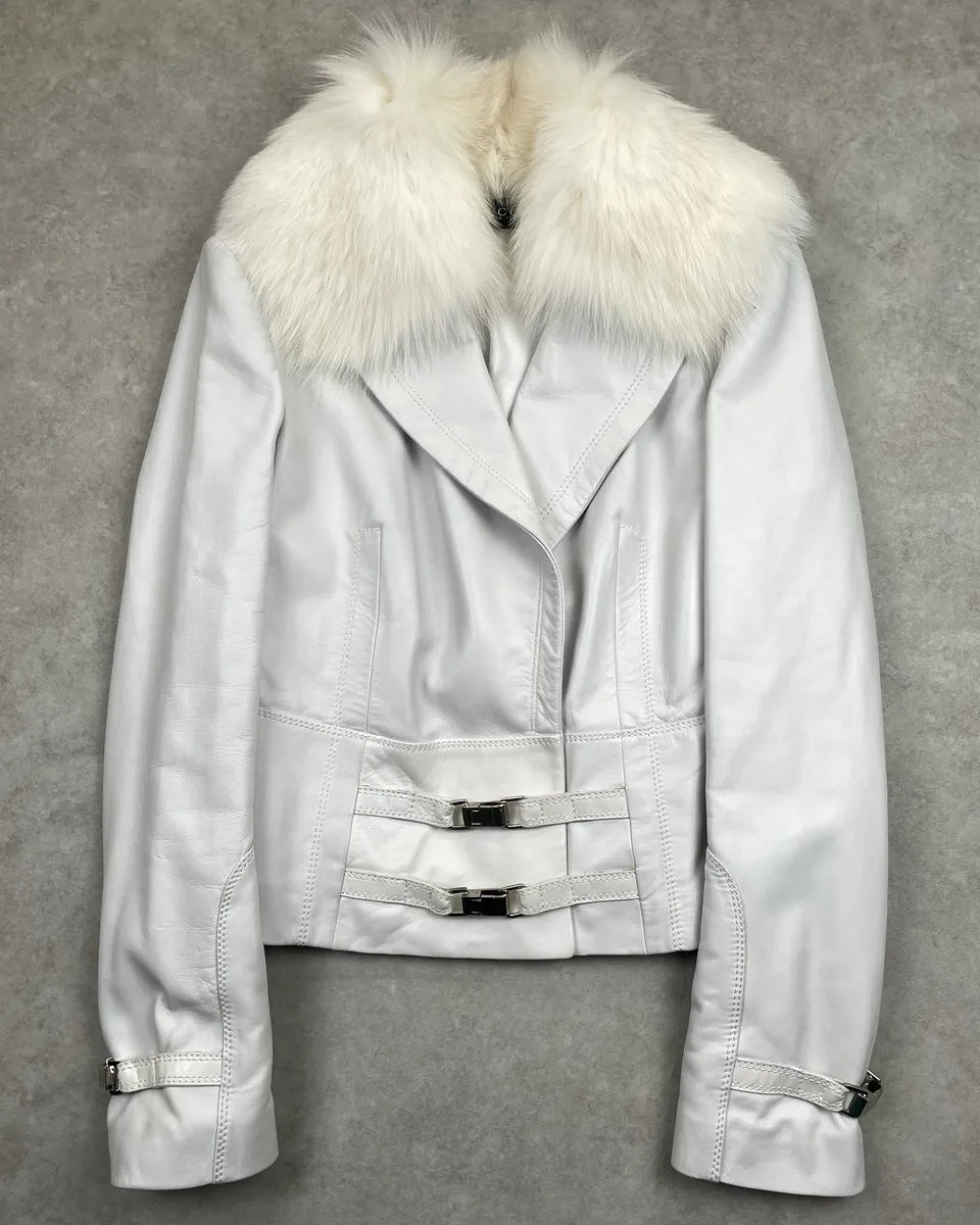 2000s Gucci White Leather Fur Collar Buckle Strap Leather Jacket wYUAnIaj 0