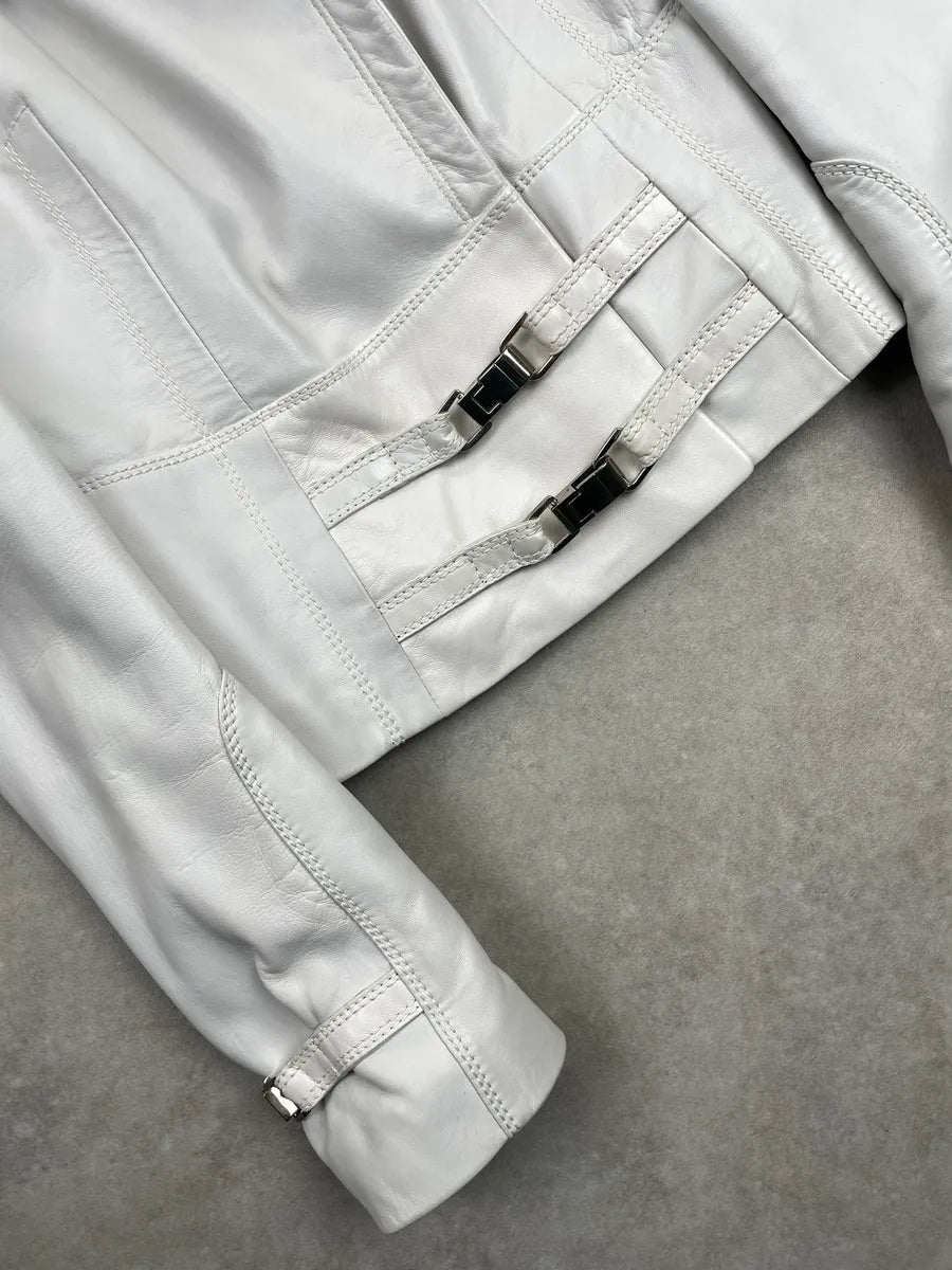 2000s Gucci White Leather Fur Collar Buckle Strap Leather Jacket wYUAnIaj 7