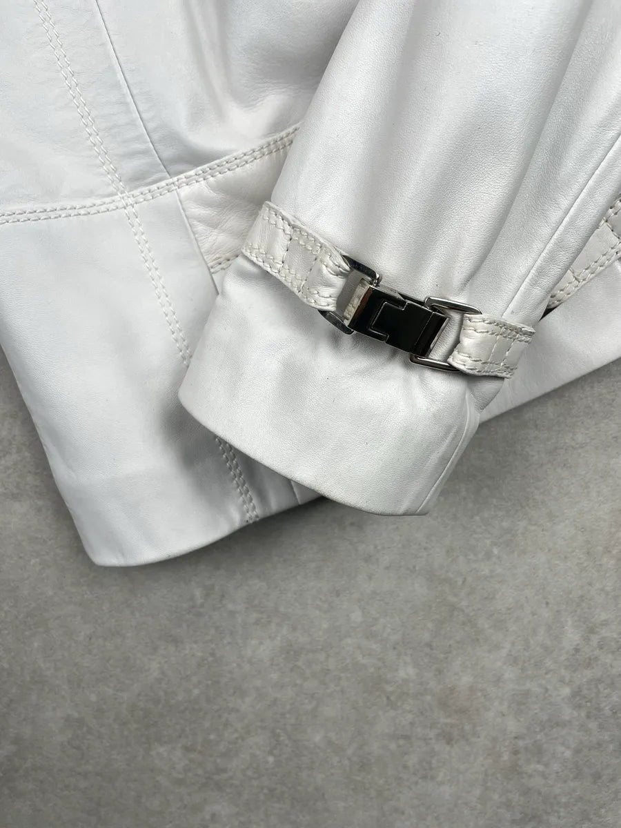 2000s Gucci White Leather Fur Collar Buckle Strap Leather Jacket wYUAnIaj 8