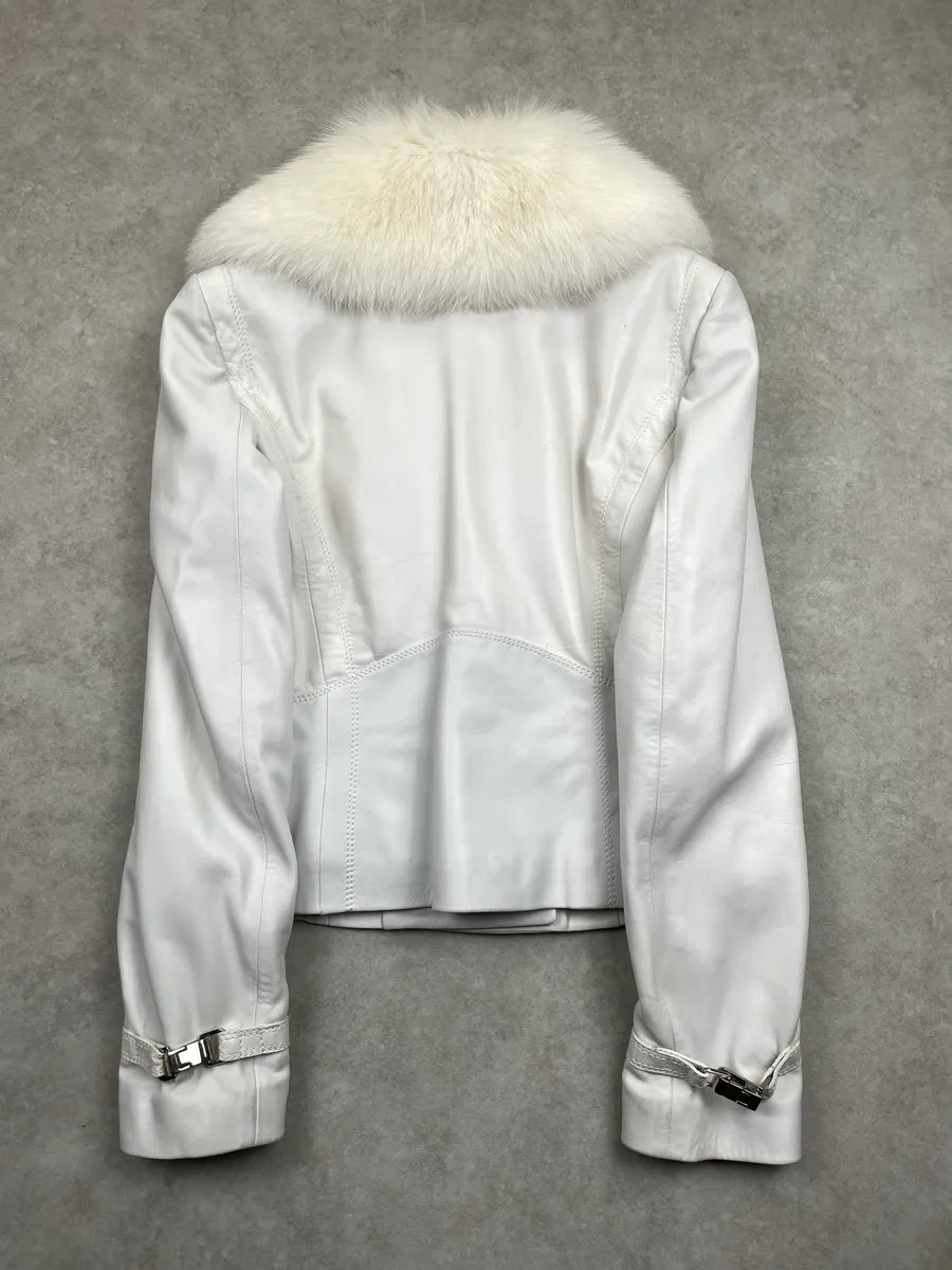 2000s Gucci White Leather Fur Collar Buckle Strap Leather Jacket wYUAnIaj 4