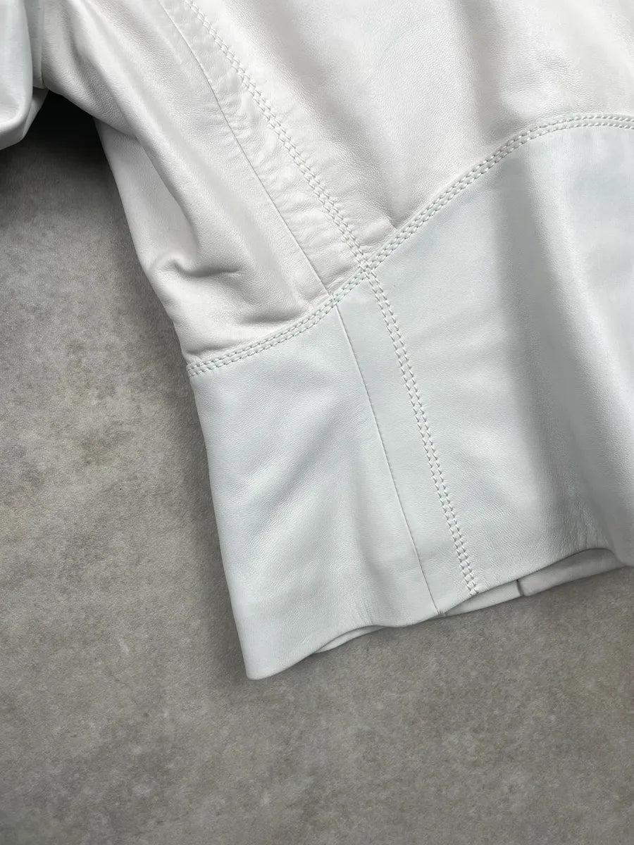 2000s Gucci White Leather Fur Collar Buckle Strap Leather Jacket wYUAnIaj 9