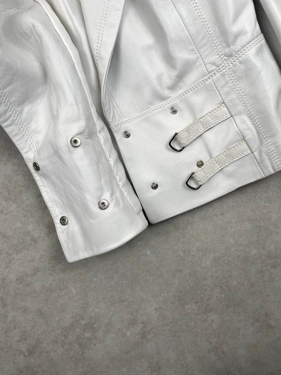 2000s Gucci White Leather Fur Collar Buckle Strap Leather Jacket wYUAnIaj 10