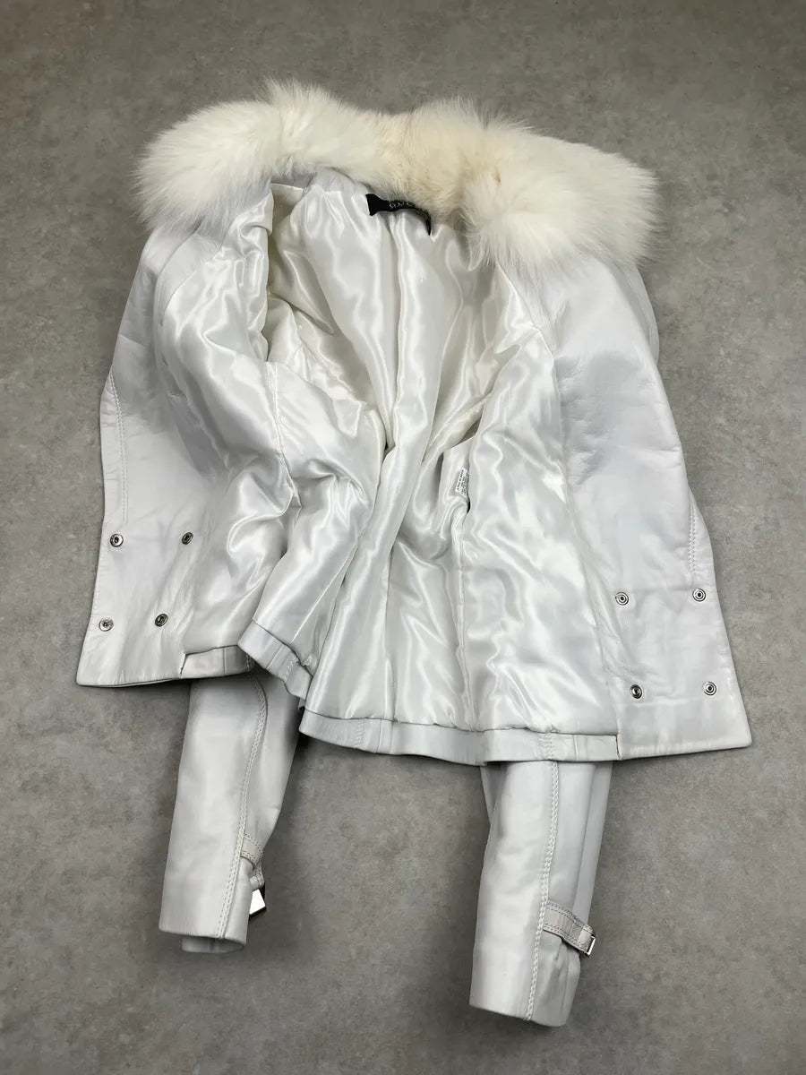 2000s Gucci White Leather Fur Collar Buckle Strap Leather Jacket wYUAnIaj 5