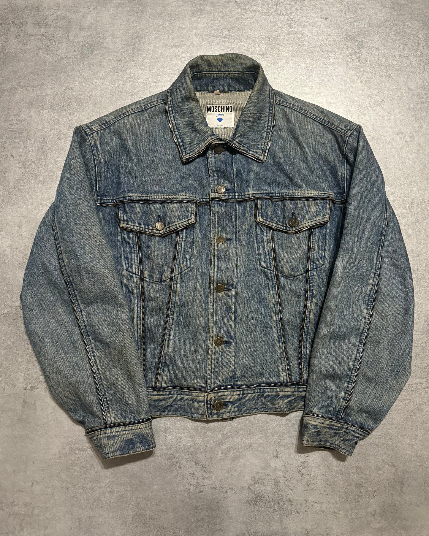 2000s Moschino Zip Propaganda Relaxed Denim Jacket (M) - 1