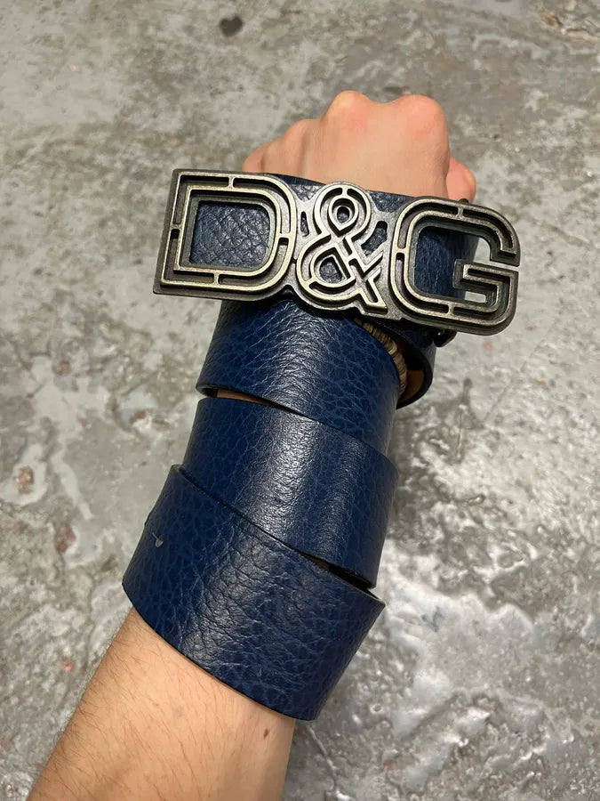 2000s Dolce & Gabbana Propaganda Buckle Navy Leather Belt (OS) HWYhPui 1