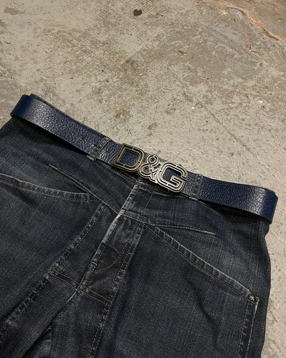 2000s Dolce & Gabbana Propaganda Buckle Navy Leather Belt (OS) HWYhPui 2