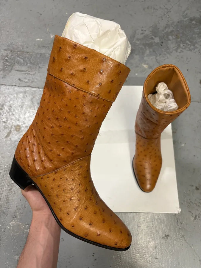 AW2023 Gucci Ostrich Camel Cowboy Ankle Leather Boots (44eu/us10) wGeBSAq 0