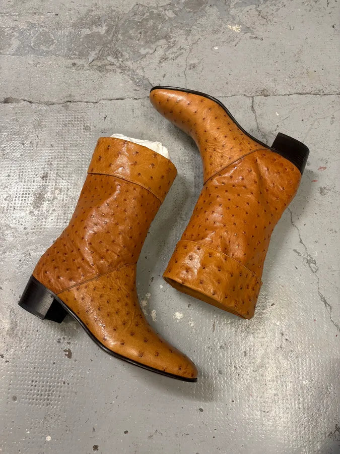 AW2023 Gucci Ostrich Camel Cowboy Ankle Leather Boots (44eu/us10) wGeBSAq 5