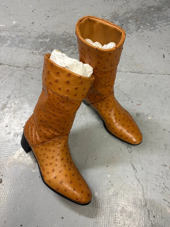 AW2023 Gucci Ostrich Camel Cowboy Ankle Leather Boots (44eu/us10) wGeBSAq 4