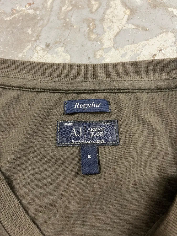 1990s Armani Dark Kaki V Neck Obscure Longsleeves (S) SvJerBA 8