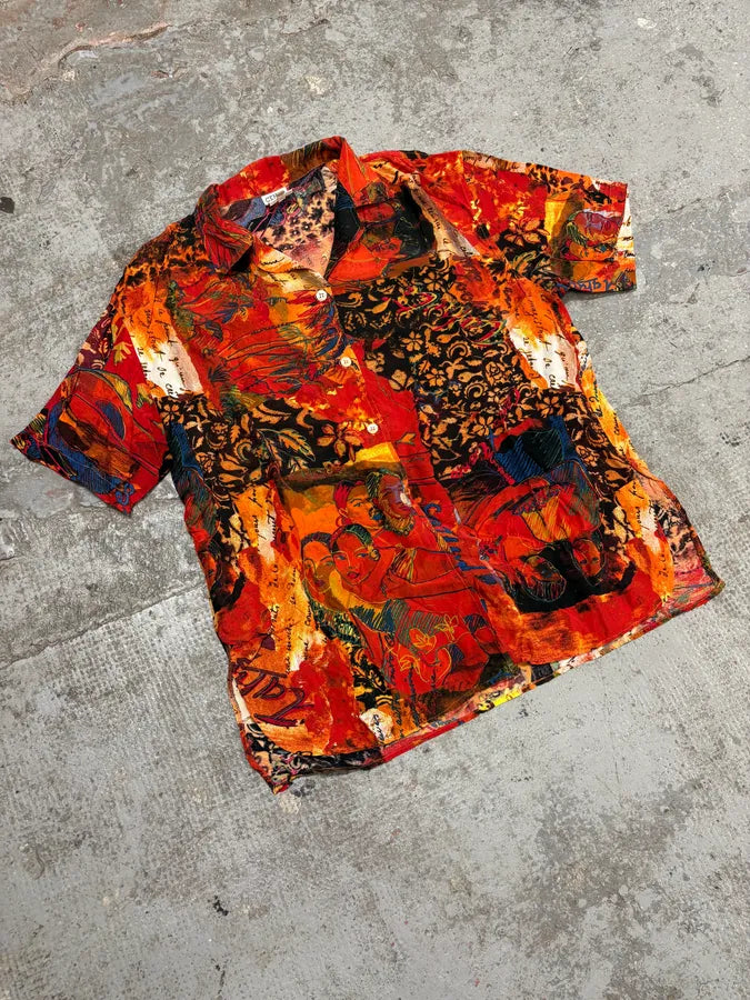 2000s Iceberg Red Exotic Painting Print Shirt muLBkIq 3