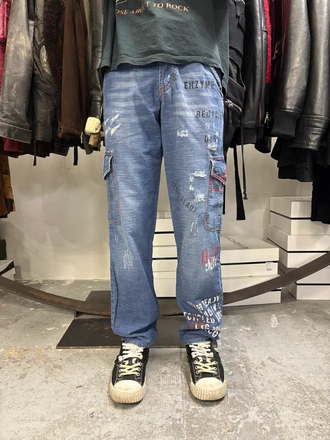 AW2004 Dolce & Gabbana Blue Denim Cargo Written Jeans KQwCQXA 1