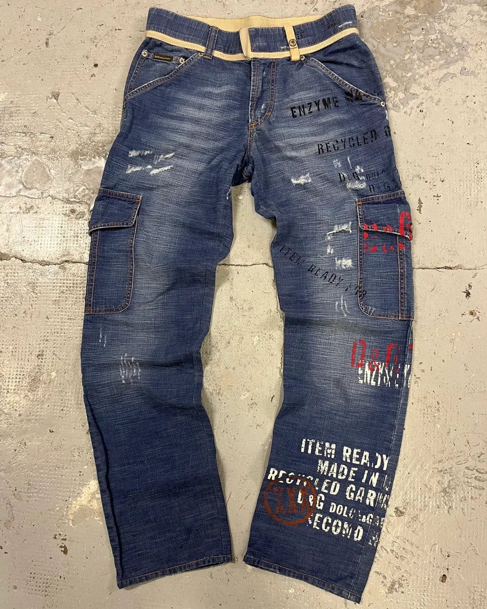 AW2004 Dolce & Gabbana Blue Denim Cargo Written Jeans KQwCQXA 0