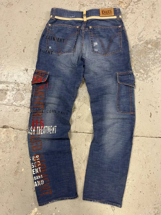 AW2004 Dolce & Gabbana Blue Denim Cargo Written Jeans KQwCQXA 6