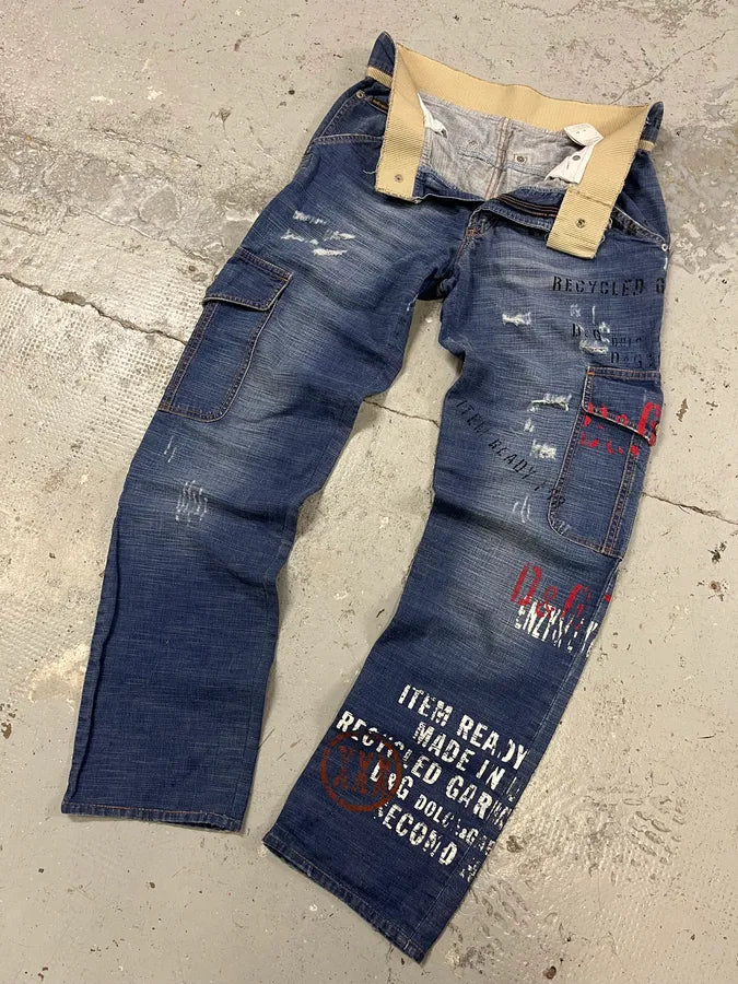 AW2004 Dolce & Gabbana Blue Denim Cargo Written Jeans KQwCQXA 5
