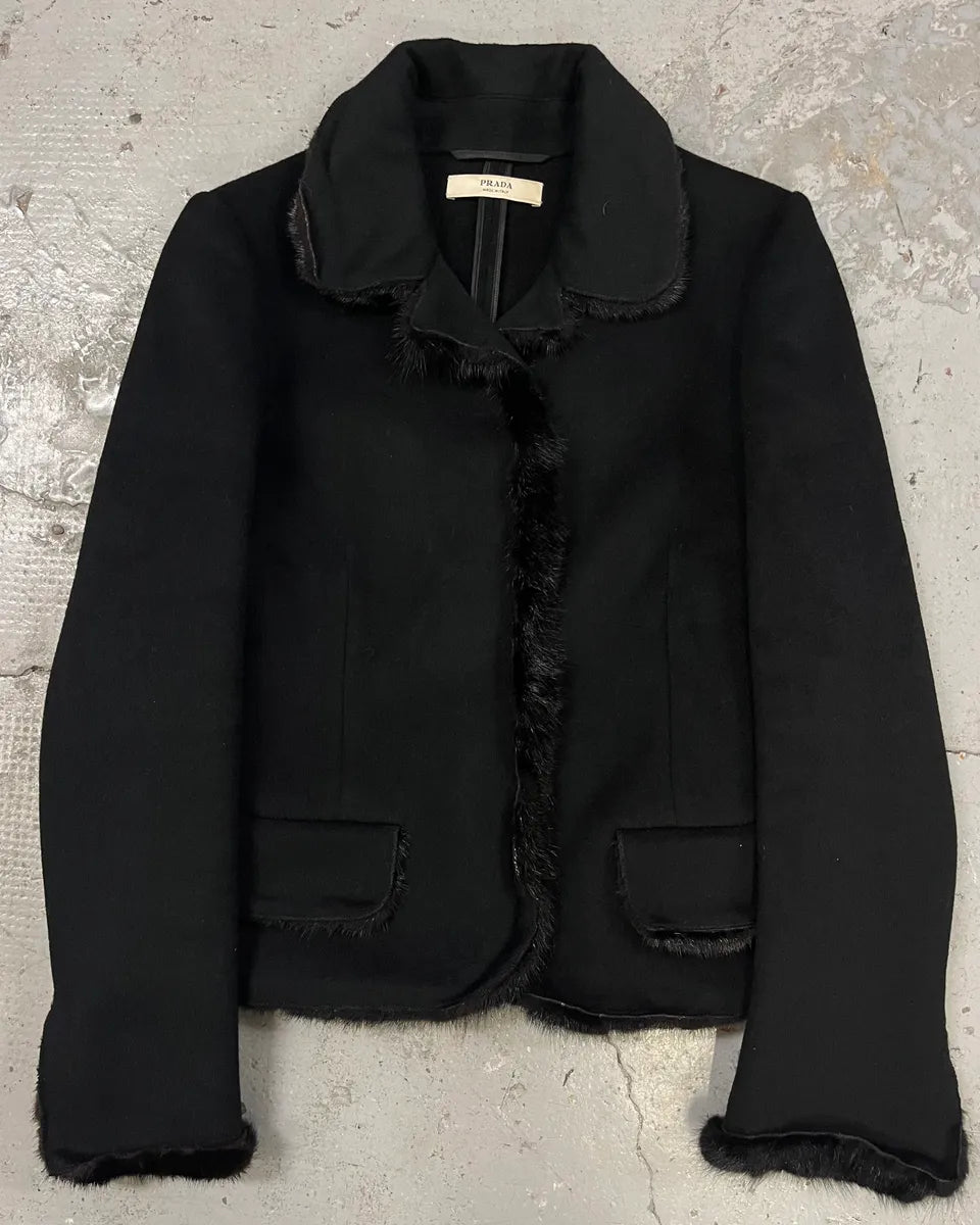 2000s Prada Black Fur Minimalist Blazer Jacket cZQheWN 0